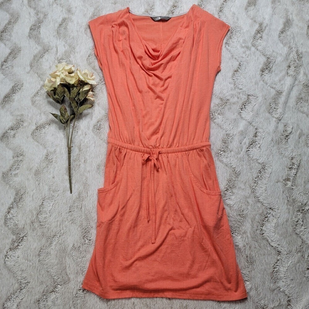 North Face Cotton Blend Orange Casual Short Sleeve Tie Waist Scoop Neck Dress S